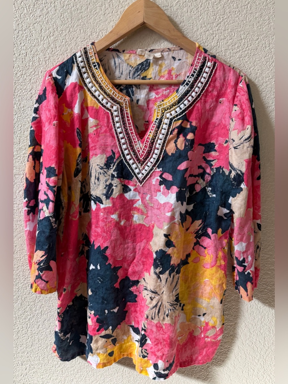 Charter Club Luxury Size Large 100% Linen Beaded Floral Tunic Top 3/4 sleeve